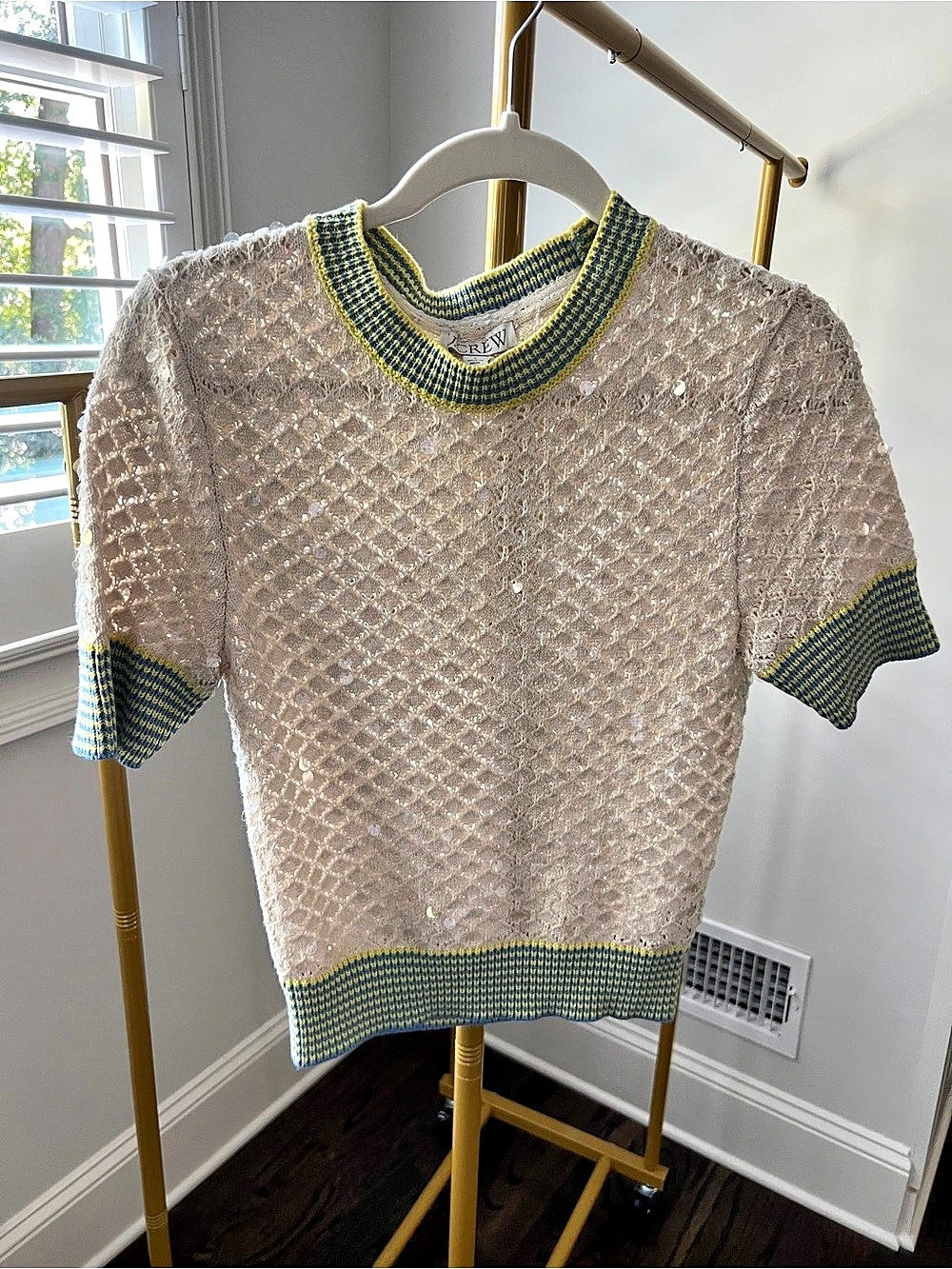 J.Crew Sequin Cream pointelle sweater-tee with striped blue and yellow trim, Siz